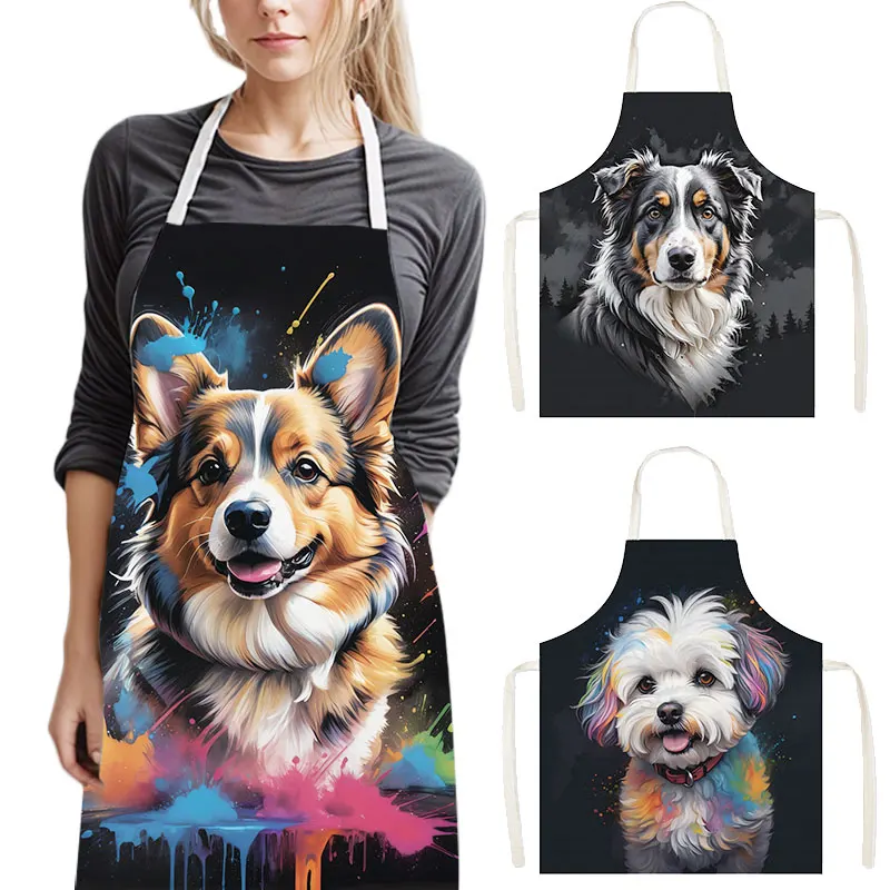 Kitchen Gadgets For Women - カラフルな犬の肖像画キッチンエプロン - 面白い動物グラフィックリネンシェフエプロン 男性用 女性用 料理