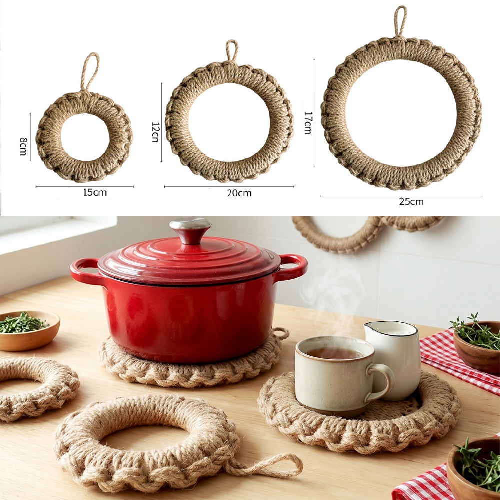 Cast Iron Skillet - 2個入り素朴なジュート織りトリベット、ボヘミアン風ホットパッド、厚手耐熱丸型ロープポットホルダー、鋳鉄製フライパン、テーブルデコレーション用