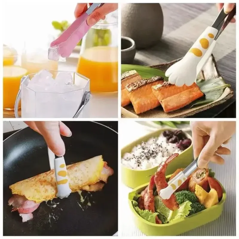Kitchen Gadgets And Utensils - 猫の足の形の食品トングかわいい漫画の食事トングステンレス鋼バーベキュートングサンドイッチベーキングクリップアイスクリップキッチンガジェット