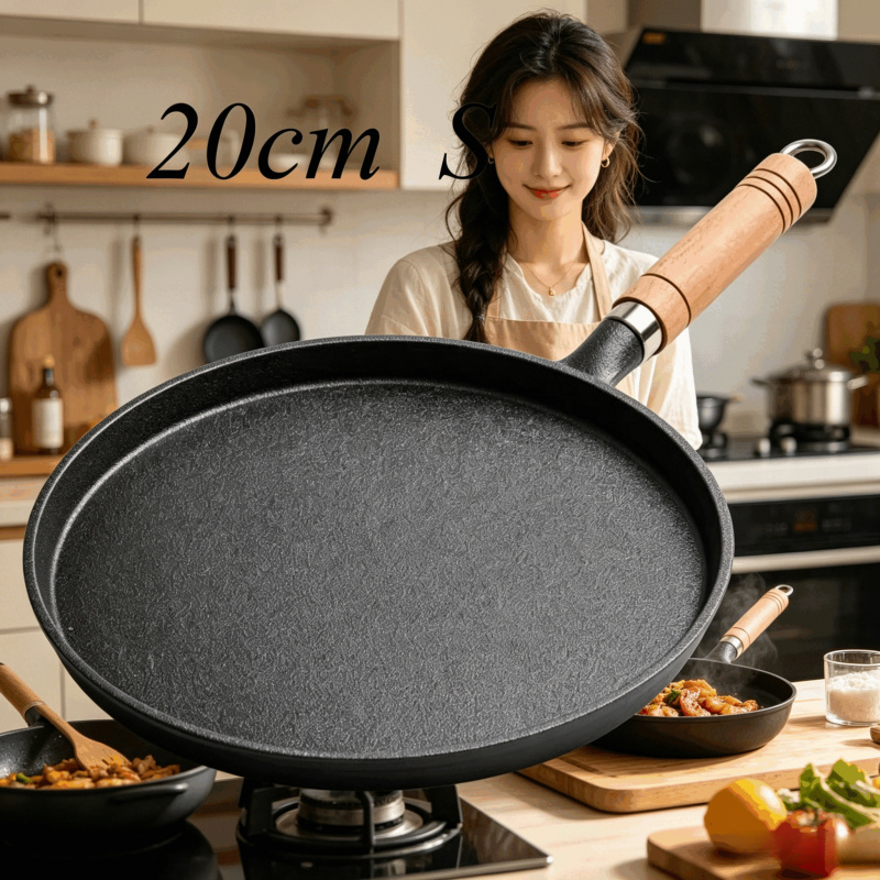 Cast Iron Skillet - 20cm 鋳鉄製フライパン 木製ハンドル付き – 無塗装プレシーズン加工済みフライパン（卵、クレープ、ステーキ、パンケーキ用）、ガス＆IH調理器対応