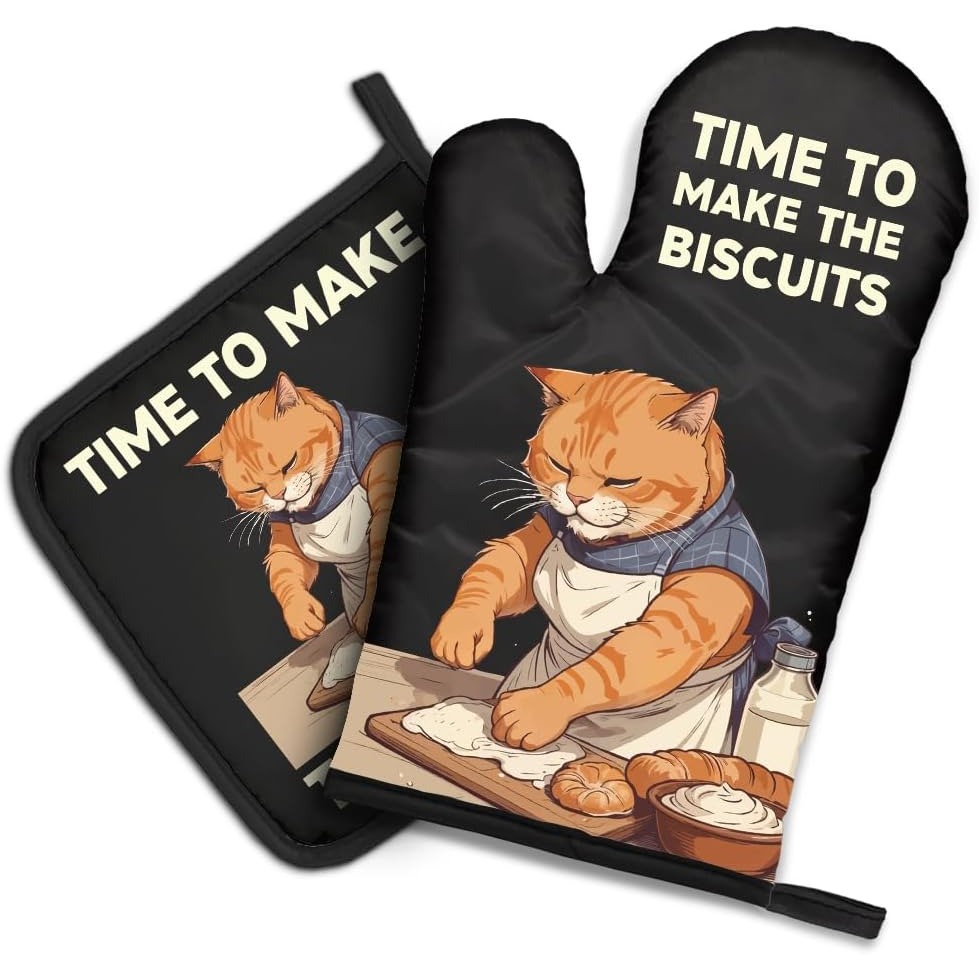 ビスケット柄の面白い猫のオーブンミットと鍋つかみセット、ペッ - Kitchen Gadgets For Dad のレビューと価格