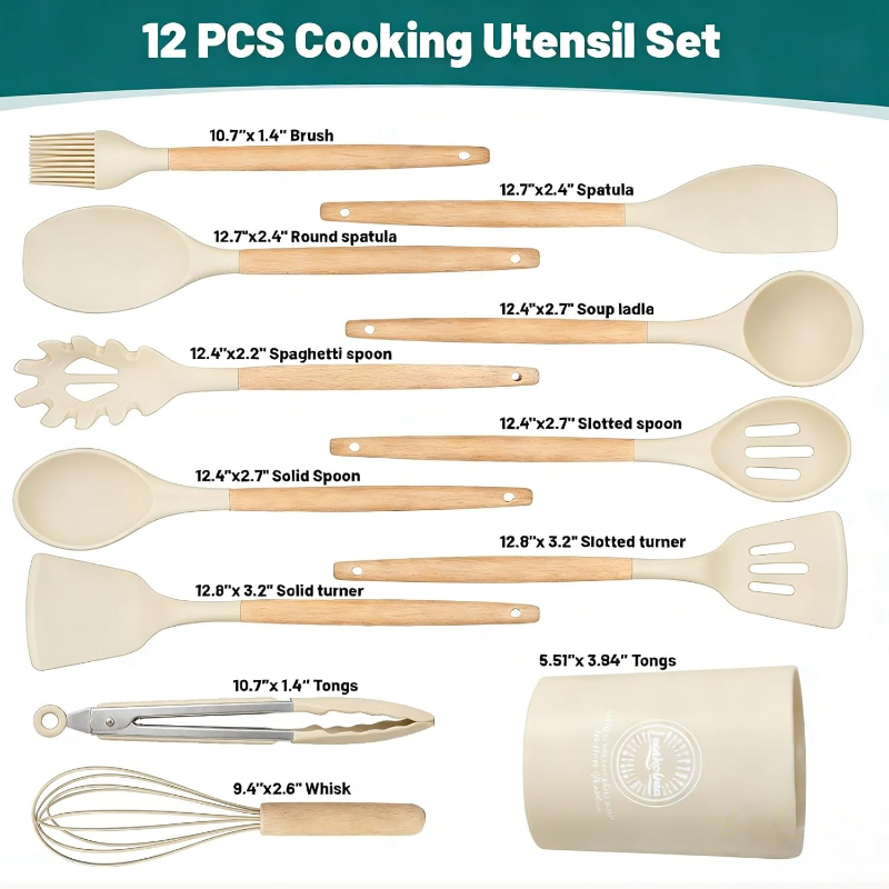 木製ハンドルシリコン製キッチンツールセット14点、ノンスティ - Kitchen Gadgets And Utensils のレビューと価格